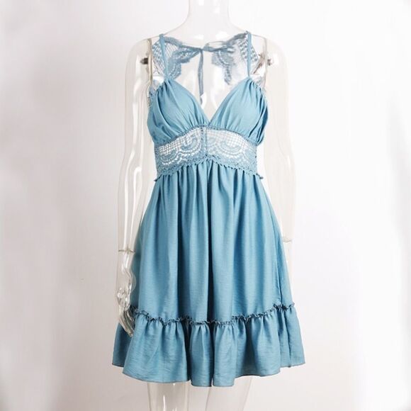 NEW! Blue Crochet Lace Ruffled Halter Mini Dress - Picture 5 of 11